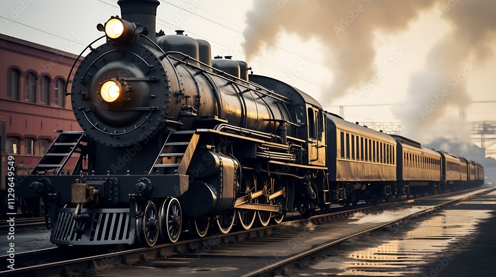 Obraz premium Vintage steam locomotive with passenger cars, releasing steam.