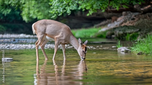 A deer is drinking water from a stream.