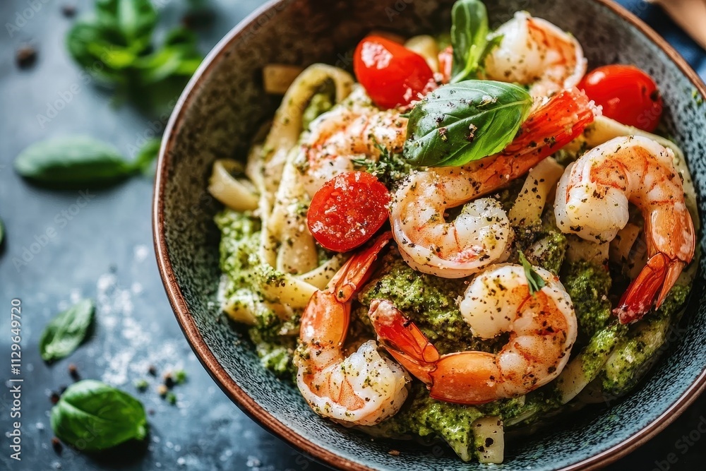 Pasta with shrimp in creamy pesto sauce Pasta with shrimp in creamy pesto sauce