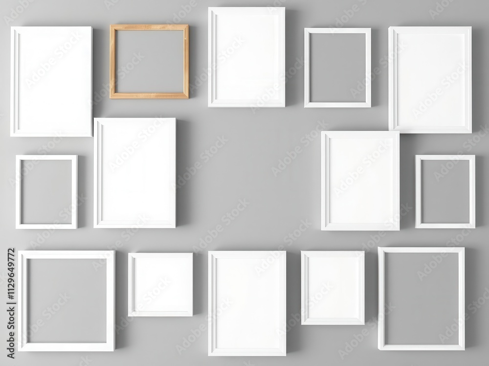 Modern photo frame gallery wall mockup with a variety of frame sizes and styles hung on a white wall, white, template, photo frame