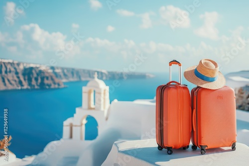 Travel concept with luggage in Santorini  Greece landscape.