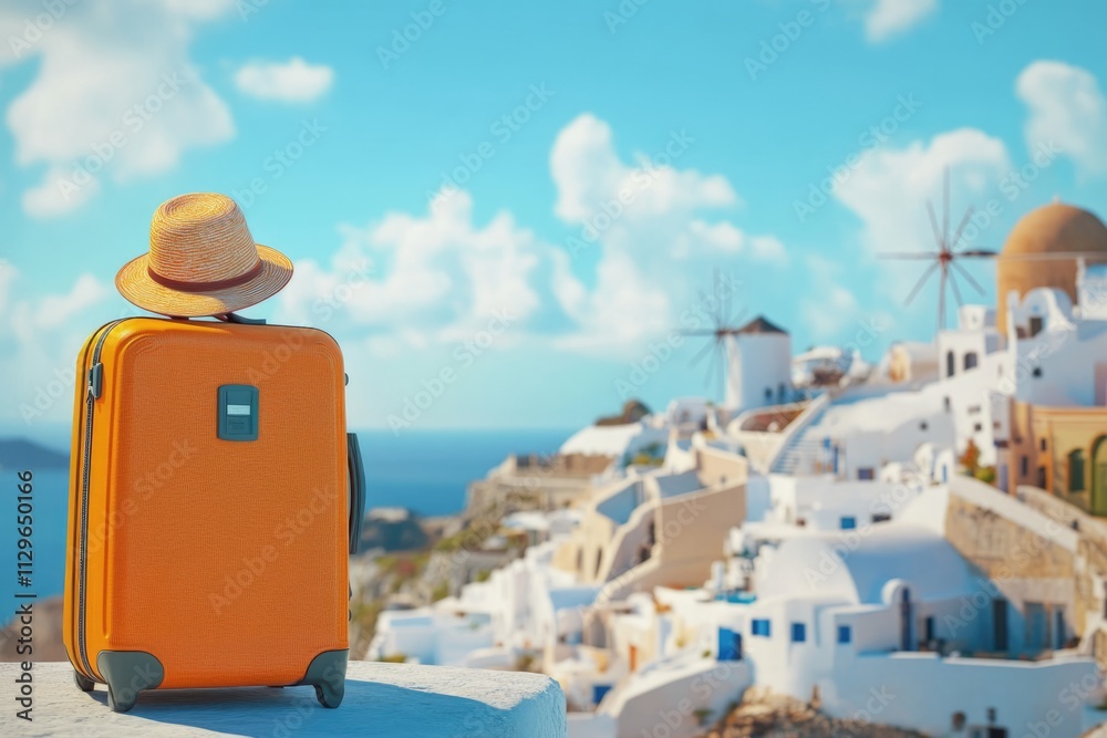 Obraz premium Orange luggage and hat in Oia Santorini Greece. Greek landscape.