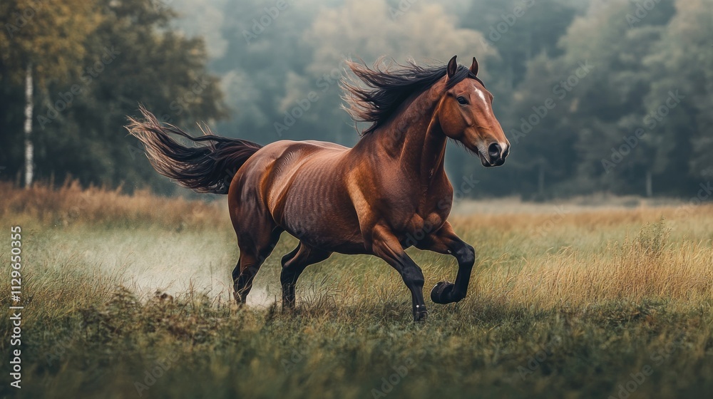 A horse galloping through a misty field. A horse galloping through a misty field.