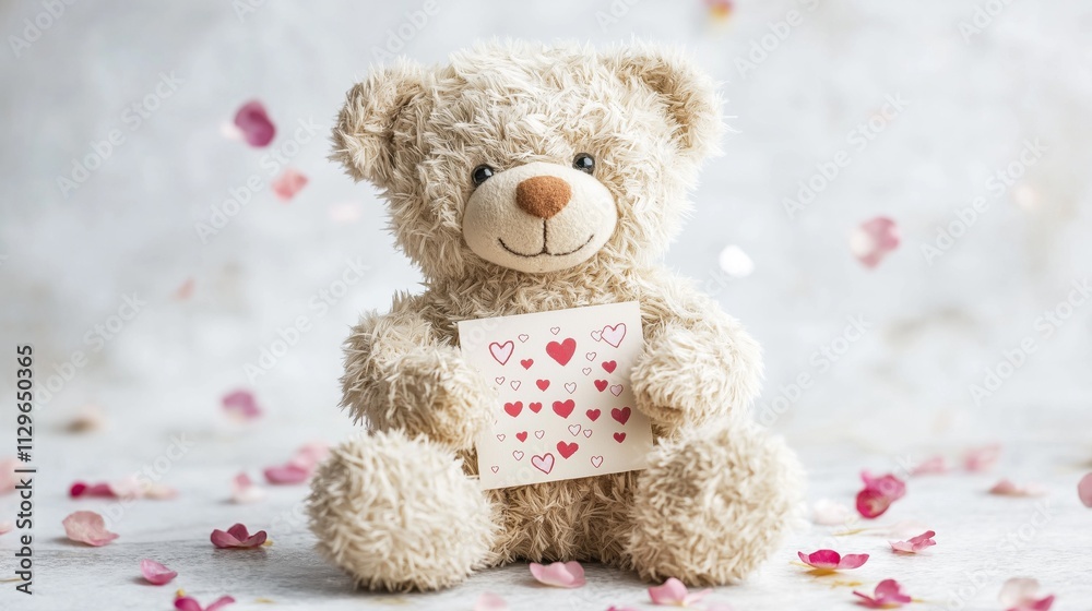 Cute teddy bear holds heart-themed Valentine\'s Day card surrounded by flower petals Cute teddy bear holds heart-themed Valentine\'s Day card surrounded by flower petals