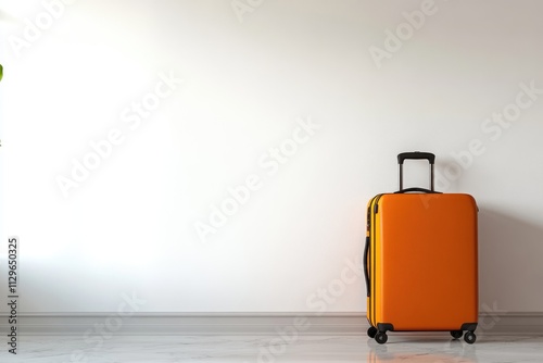 Travel concept with Orange suitcase standing in white wall room. tourism and travelling image photo