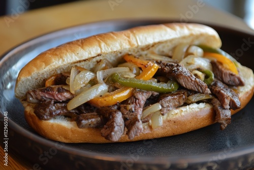 Philly Cheesesteak A hoagie filled with thin steak melted cheese and often garnished with onions and peppers photo