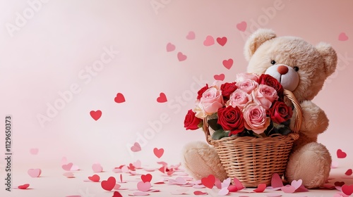 Teddy bear sits with a wicker basket filled with pink roses and red hearts, creating a charming and playful atmosphere
