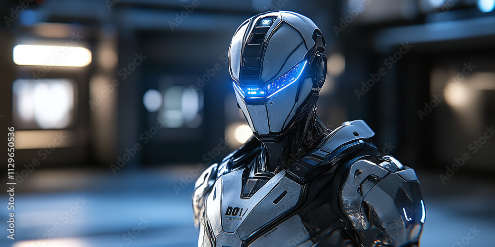 A futuristic, human-like robot with sleek metallic armor and glowing blue highlights, set in a high-tech, neon-lit environment. A futuristic, human-like robot with sleek metallic armor and glowing blue highlights, set in a high-tech, neon-lit environment.