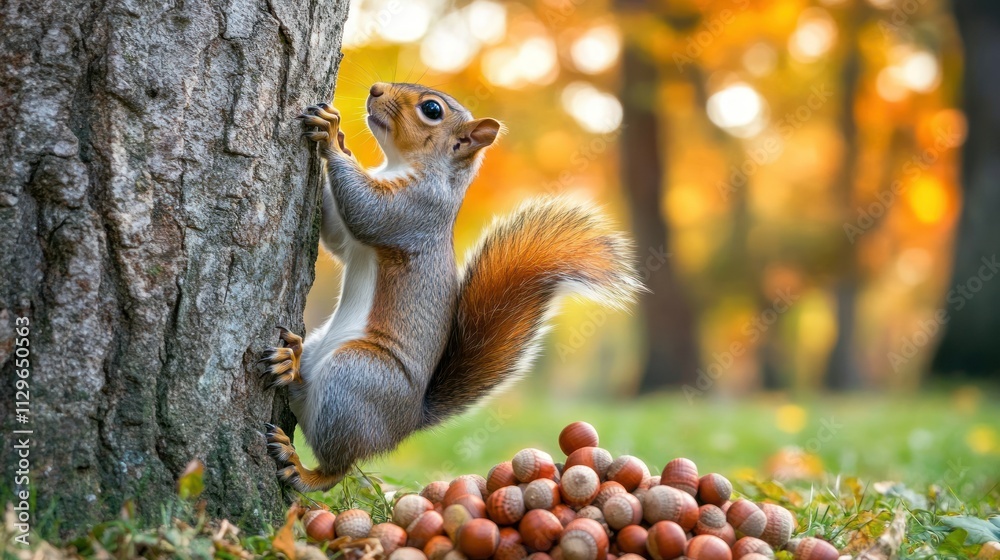 Squirrel climbing a tree with gathered nuts.