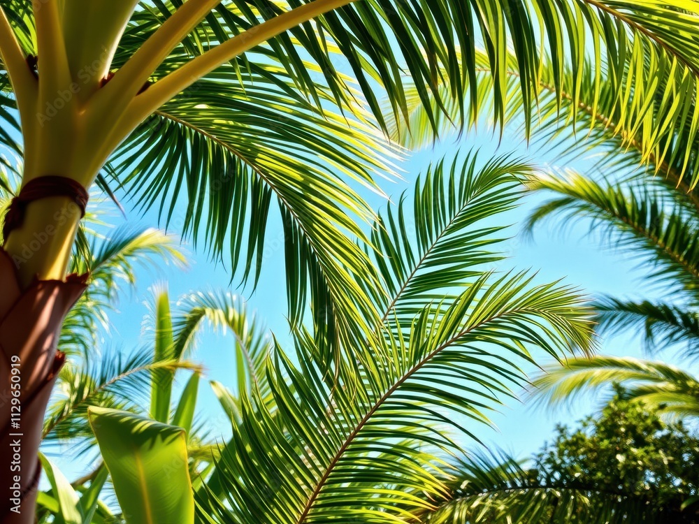 Obraz premium Tropical palm leaves in vibrant green hues against a clear blue sky, perfect for summer-themed designs, serene, relaxation