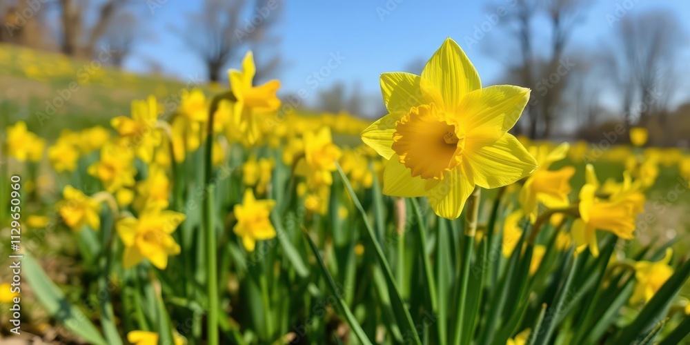 Fototapeta premium Vibrant daffodil flowers blooming across a vast field under the bright sun, vibrant, sunny