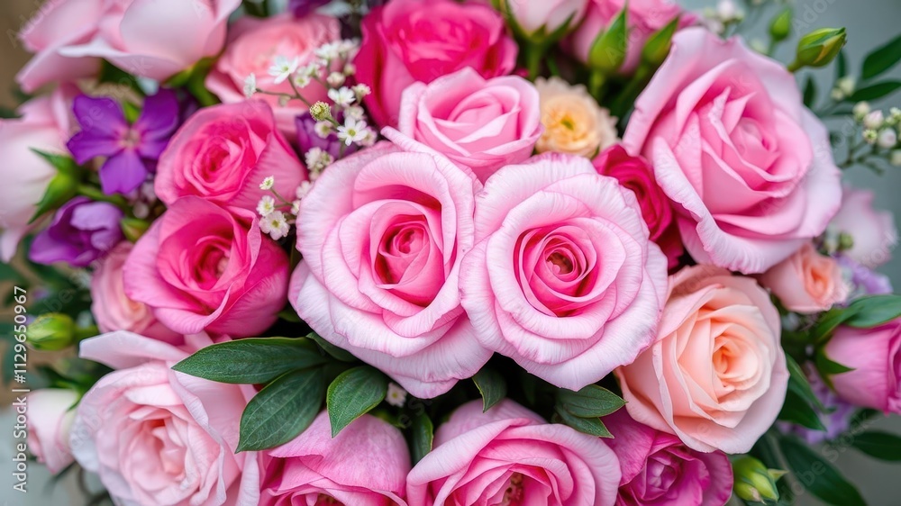 Vibrant bouquet of pink peonies and roses on white background with space for text, petals, nature Vibrant bouquet of pink peonies and roses on white background with space for text, petals, nature