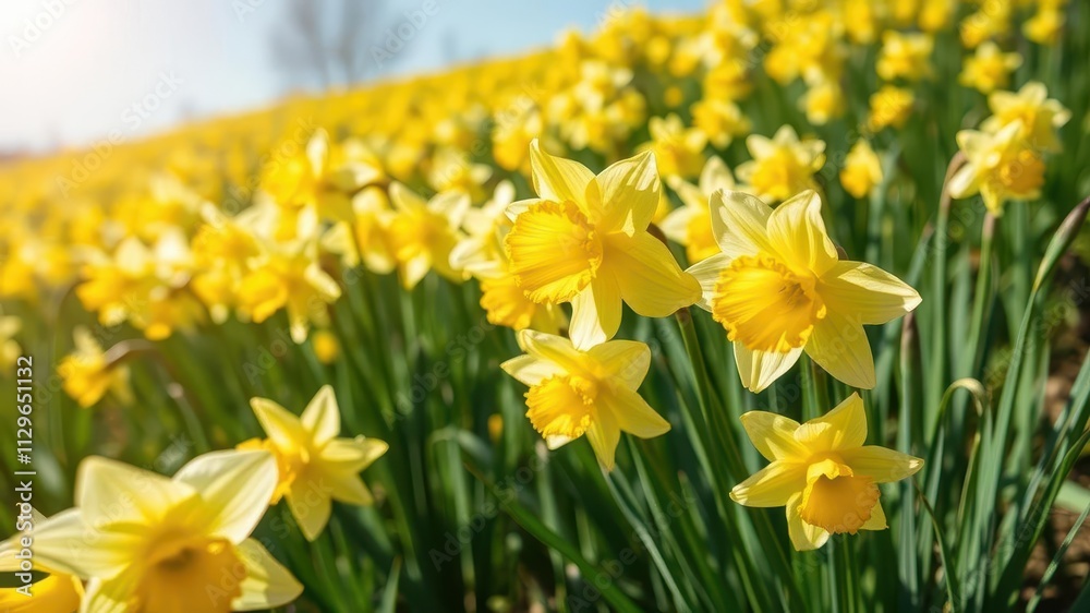 Vibrant yellow daffodil flowers bloom in a lush green field under a clear blue sky, sunny, daffodils, spring Vibrant yellow daffodil flowers bloom in a lush green field under a clear blue sky, sunny, daffodils, spring