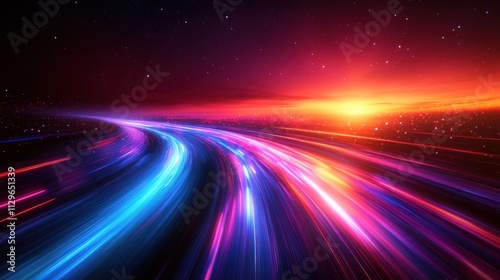 Vibrant abstract landscape with light trails.