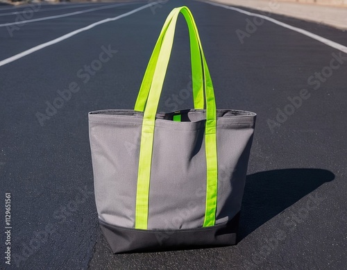 Stylish gray tote bag with bright neon green straps, perfect for casual outings.