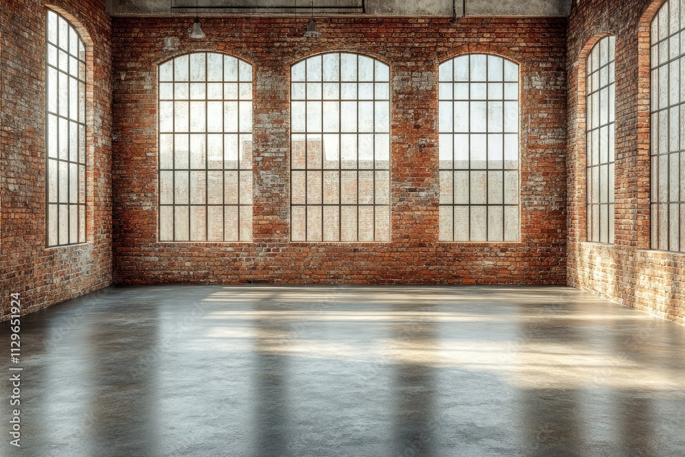 Empty industrial loft with large windows and city view showing sunlight and shadows Empty industrial loft with large windows and city view showing sunlight and shadows