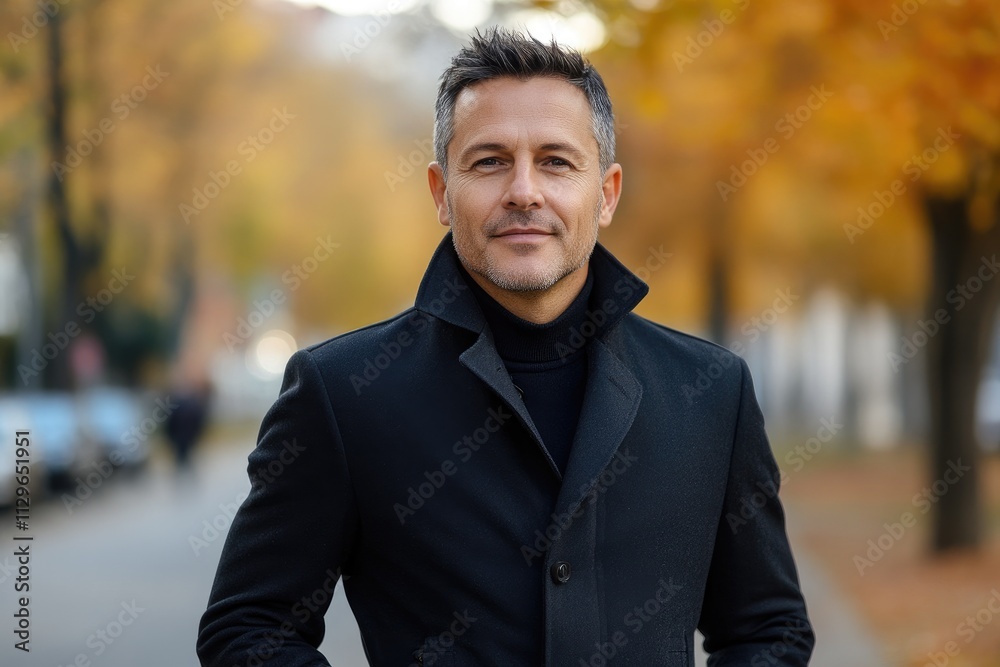 Portrait of confident businessman wearing stylish coat in autumn city