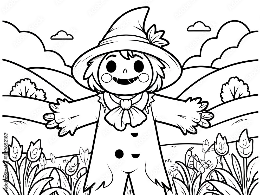 Adorable Scarecrow in a Flowery Field: A Charming Coloring Page Adorable Scarecrow in a Flowery Field: A Charming Coloring Page