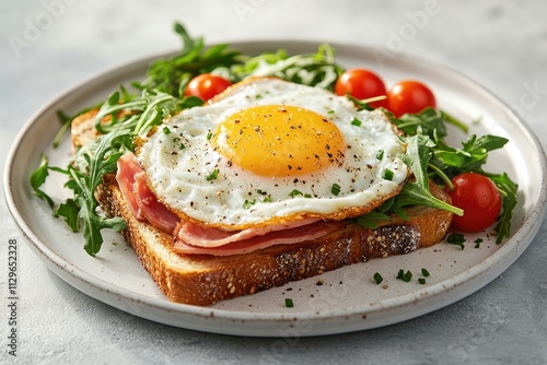 Toast with fried egg, ham, arugula, cherry tomatoes and spices for breakfast