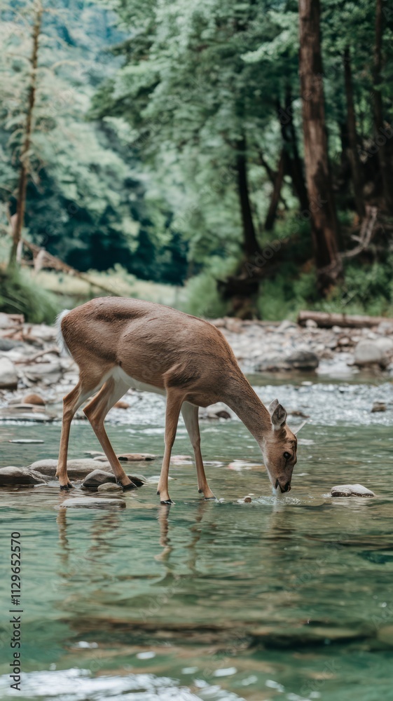 A deer is drinking water from a stream. A deer is drinking water from a stream.