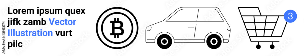 Bitcoin symbol, compact car outline, and shopping cart with notification bubble. Ideal for digital currency, e-commerce, online shopping, automotive industry, fintech, technology, modern commerce Bitcoin symbol, compact car outline, and shopping cart with notification bubble. Ideal for digital currency, e-commerce, online shopping, automotive industry, fintech, technology, modern commerce
