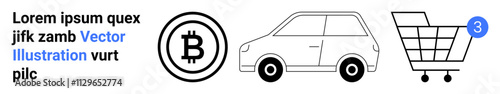 Bitcoin symbol, compact car outline, and shopping cart with notification bubble. Ideal for digital currency, e-commerce, online shopping, automotive industry, fintech, technology, modern commerce