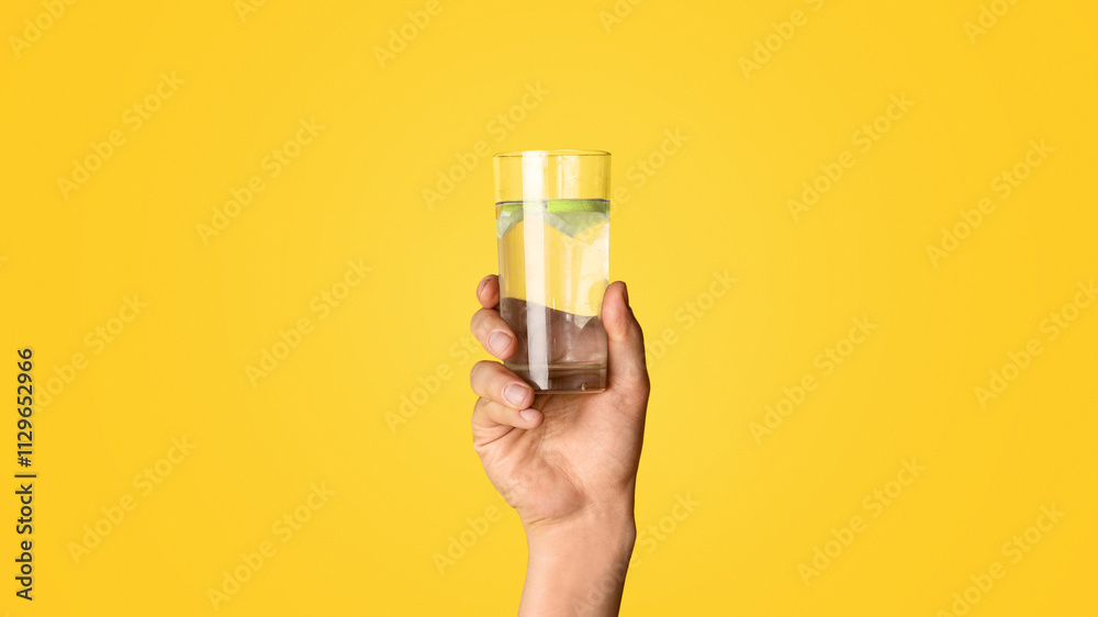 Φωτογραφία Young guy showing glass of fresh pure water on orange background, closeup of hand