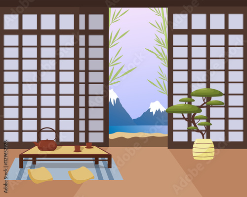 Oriental Japanese interior. Terrace with tea table. Teapot and cups, table, bonsai and vase, soft pillows and rug on the floor. Open terrace with view of mountains and growing bamboo. Vector