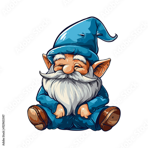 Adorable cartoon gnome with a white beard, blue outfit, and hat sitting on a white background. Concept of fantasy and whimsy