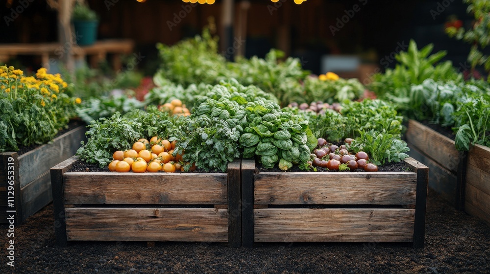 Vibrant Organic Vegetable Garden with Fresh Produce in Wooden Raised Beds Surrounded by Lush Greenery and Beautiful Flowers in a Natural Setting Vibrant Organic Vegetable Garden with Fresh Produce in Wooden Raised Beds Surrounded by Lush Greenery and Beautiful Flowers in a Natural Setting