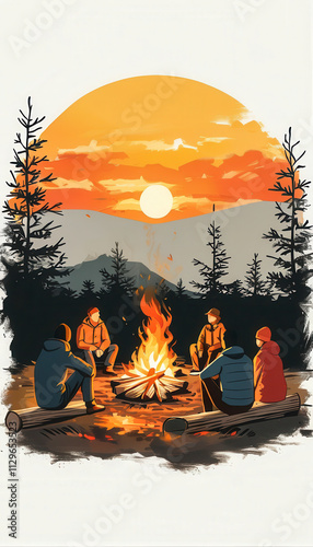 Campers gather around a warm campfire under an orange sunset in a serene forest setting