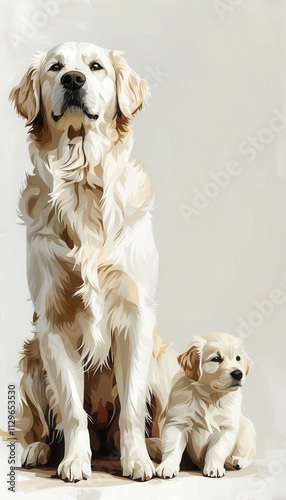 Golden retriever puppy sits beside adult golden retriever in a bright, neutral setting showcasing their bond