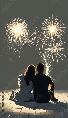 Couple enjoying fireworks display on a balcony during a nighttime celebration