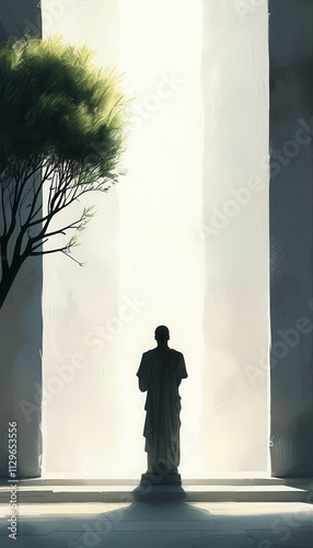 Mysterious figure standing before a bright light in a serene outdoor space at dawn