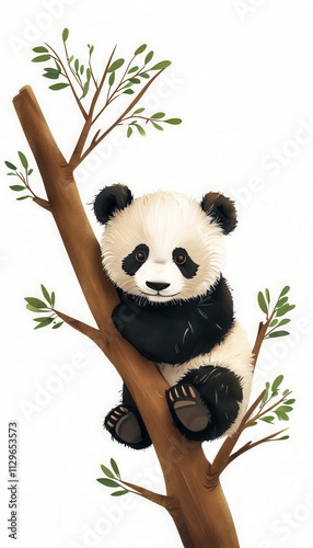 Cute baby panda sitting on a tree branch with green leaves in a playful pose