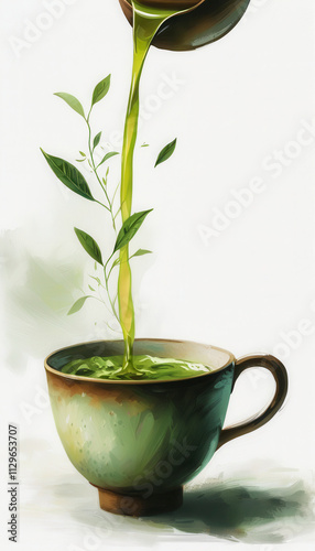 Green tea is poured into a ceramic cup, creating a serene and refreshing moment in a cozy atmosphere