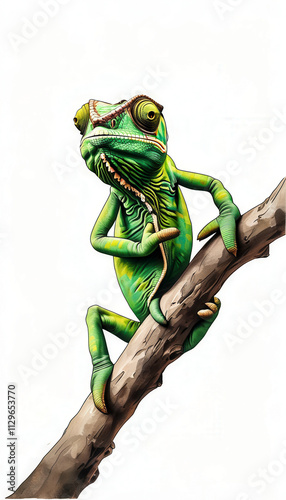 Colorful chameleon perched thoughtfully on a branch in a natural habitat setting