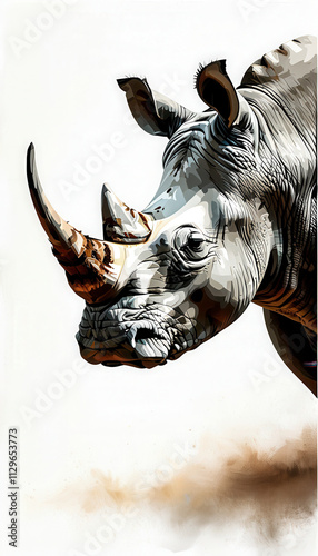 Realistic depiction of a rhinoceros showing its distinctive features in a natural setting