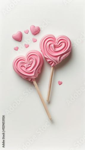Heart-shaped pink lollipops surrounded by small candy hearts on a white background