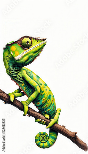Bright green chameleon perched on a branch in a vibrant environment with striking colors