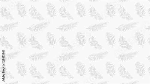 Background illustration of grey wispy feathers or leaves on white background. Abstract, neutral, classic background. Copy space.