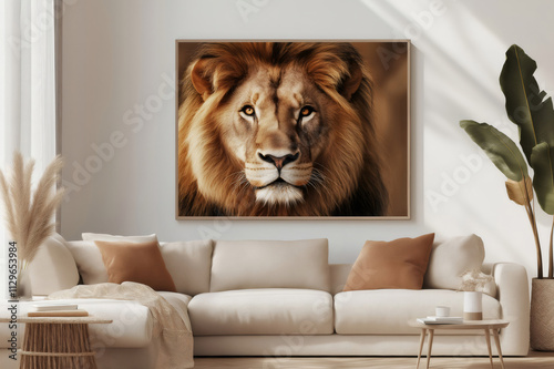 Captivating portrait of a majestic lion hangs on the wall of a stylish living room, adding a touch of wild beauty to the modern interior photo