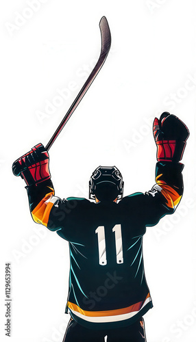 Hockey player celebrates victory with raised stick against a bright background