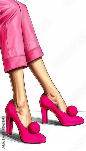 High-heeled pink shoes with pom-poms showcased alongside stylish cropped pink pants