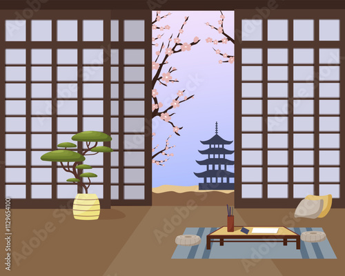 Terrace with view of mountains and temple. Cherry blossoms, Desk with writing utensils. Seat cushions. Oriental interior. Vector illustration