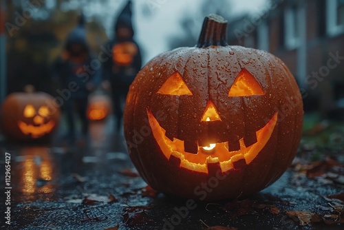 Spooky Halloween scene with kids in creative costumes jacko'lanterns flickering and haunted houses lining the street bathed in eerie light photo