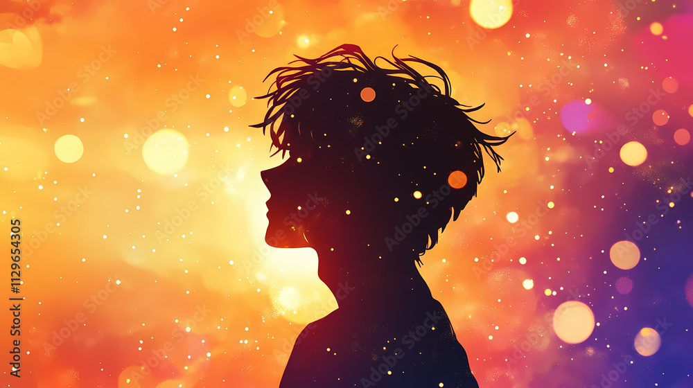 Silhouette of a young male against a vibrant sunset, surrounded by shimmering particles, creating a magical and ethereal atmosphere. Serendipity. Illustration Silhouette of a young male against a vibrant sunset, surrounded by shimmering particles, creating a magical and ethereal atmosphere. Serendipity. Illustration
