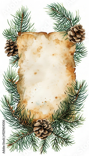 Blank parchment surrounded by pine branches and pine cones on a rustic winter background