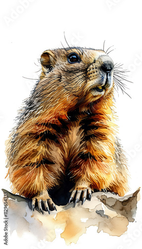Detailed illustration of a marmot standing on a rock, showcasing its furry texture and natural expressions