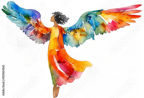 Colorful angel with vibrant wings dances gracefully in a watercolor illustration
